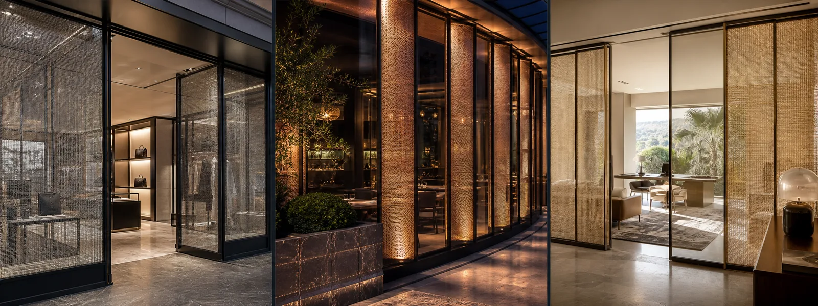 Réalisations SAATIstyle — cloisons en verre à insertion métallique pour boutique de luxe, restaurant haut de gamme et villa résidentielle